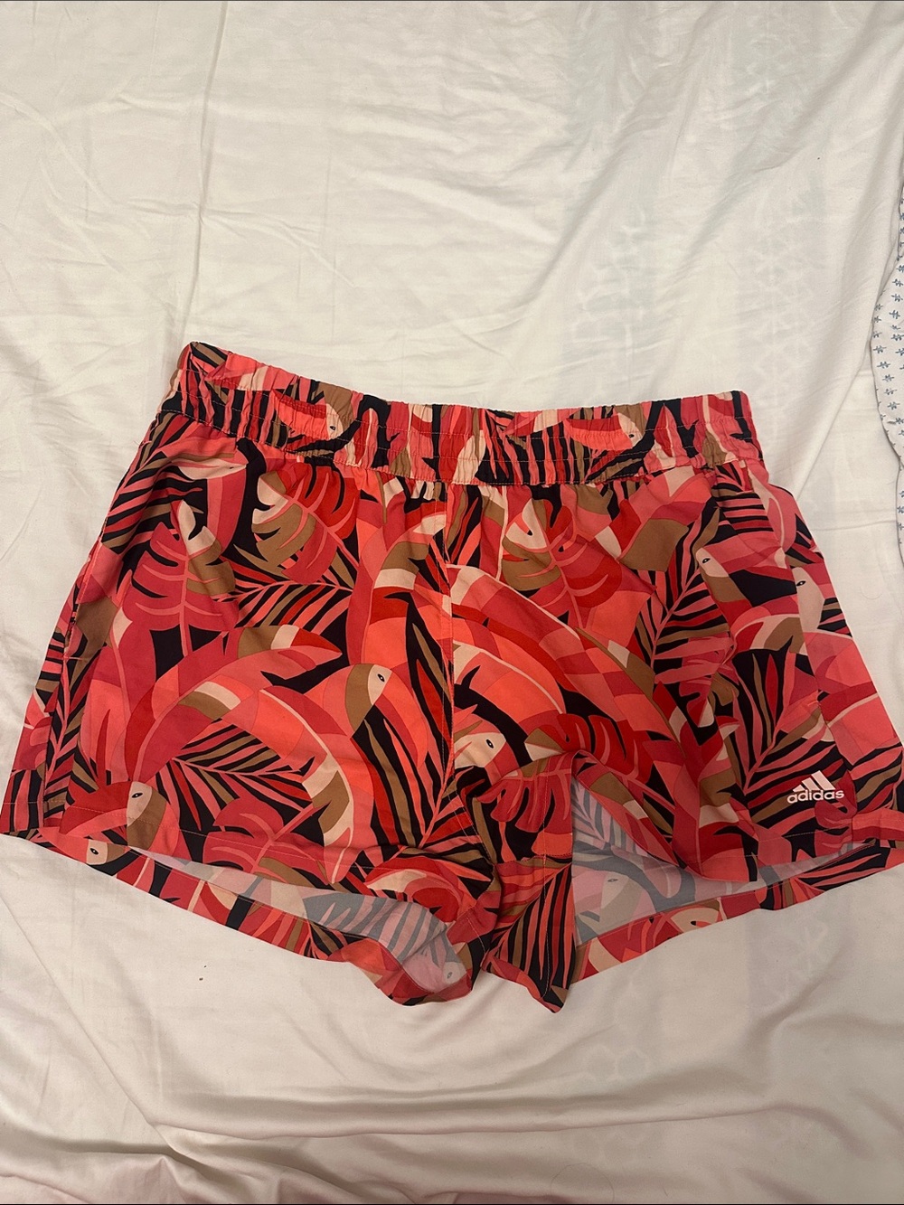 adidas x Farm Rio Women’s Coral Pink Tropical Print Athletic Shorts, size M